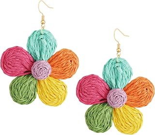 Boho Rattan Colorful Flower Floral Dangle Drop Earrings, Handmade Bohemian Hippie Statement Jewelry Gift for Women