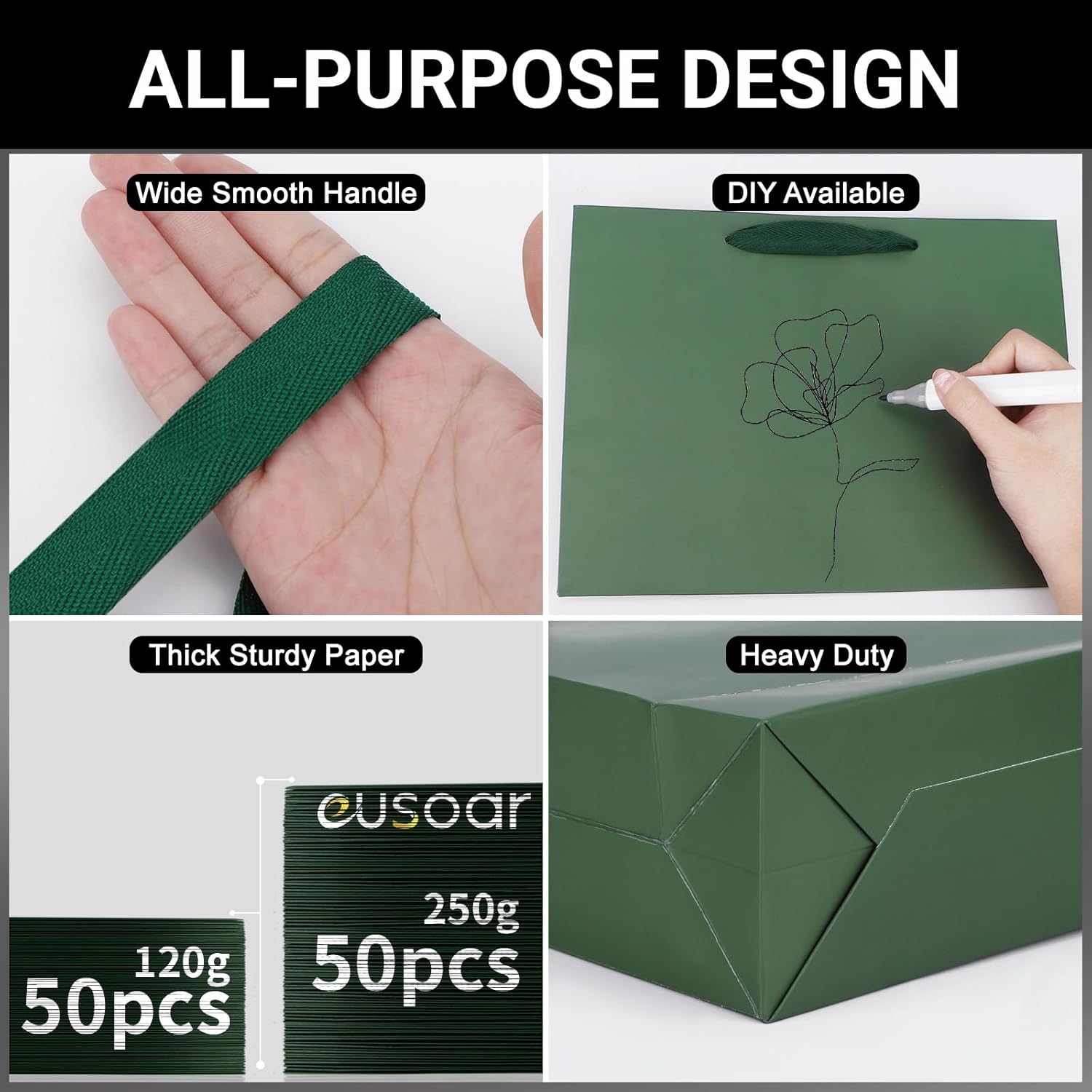 EUSOAR Paper Bags with Handles, 50pcs 10.6"x3.1"x8.3" Gift Bags Medium Size, Shopping Paper Wrap Bulk Grocery Retail Craft Bag Wedding Birthday Christmas Party Thank You Favor Bag