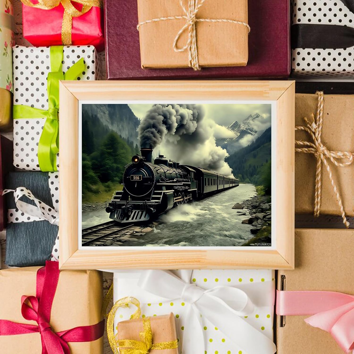 Steam Train Chugging Through Mountains Diamond Painting, Old Steam Train Diamond Painting Kits, 5D DIY Diamond Painting Kits for Adults Diamond Art, for Room Home Wall Decor Gift 12x16 inch