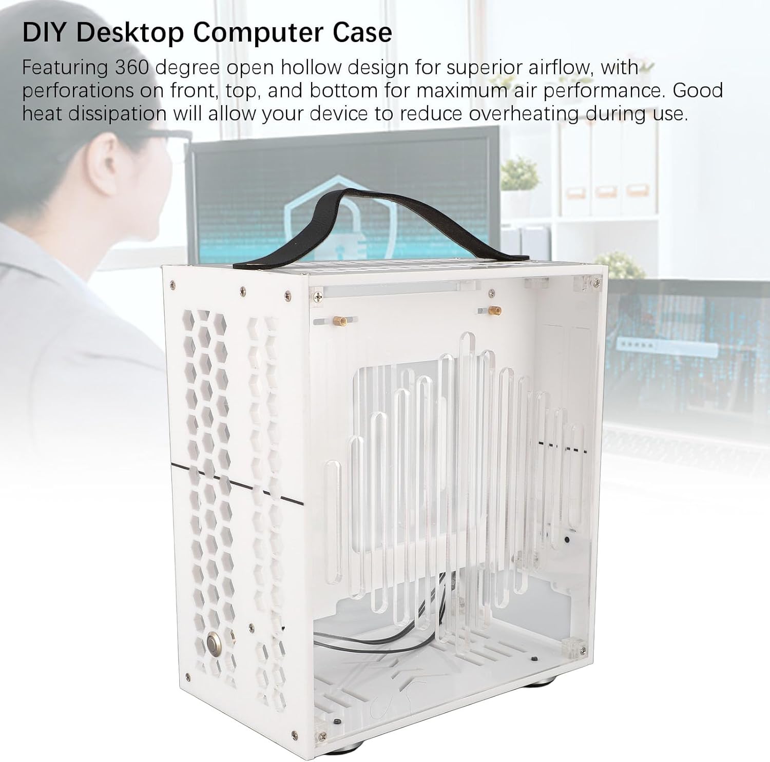 ASHATA Mini ITX PC Case, 23x20.5x12cm Compact Clear Acrylic Computer Case for ITX Motherboard with 360 Degree Open Hollow Design, for Flex Power Supply and 190mm Graphics Card (White)