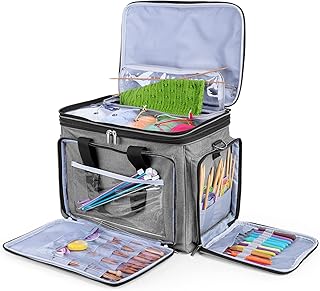 Luxja Wolle Tasche für Garn, Handarbeitstasche für Stricken, Stricktasche für Garn Stränge, Häkelnadeln, Stricknadeln (bis 14 Zoll) und Zubehör (OHNE ZUBEHÖR), Grau | Wolltasche Groß, Garn Aufbewahrung mit mehreren Fächern, Garn Organizer Tasche für Strick Zubehör, Grau