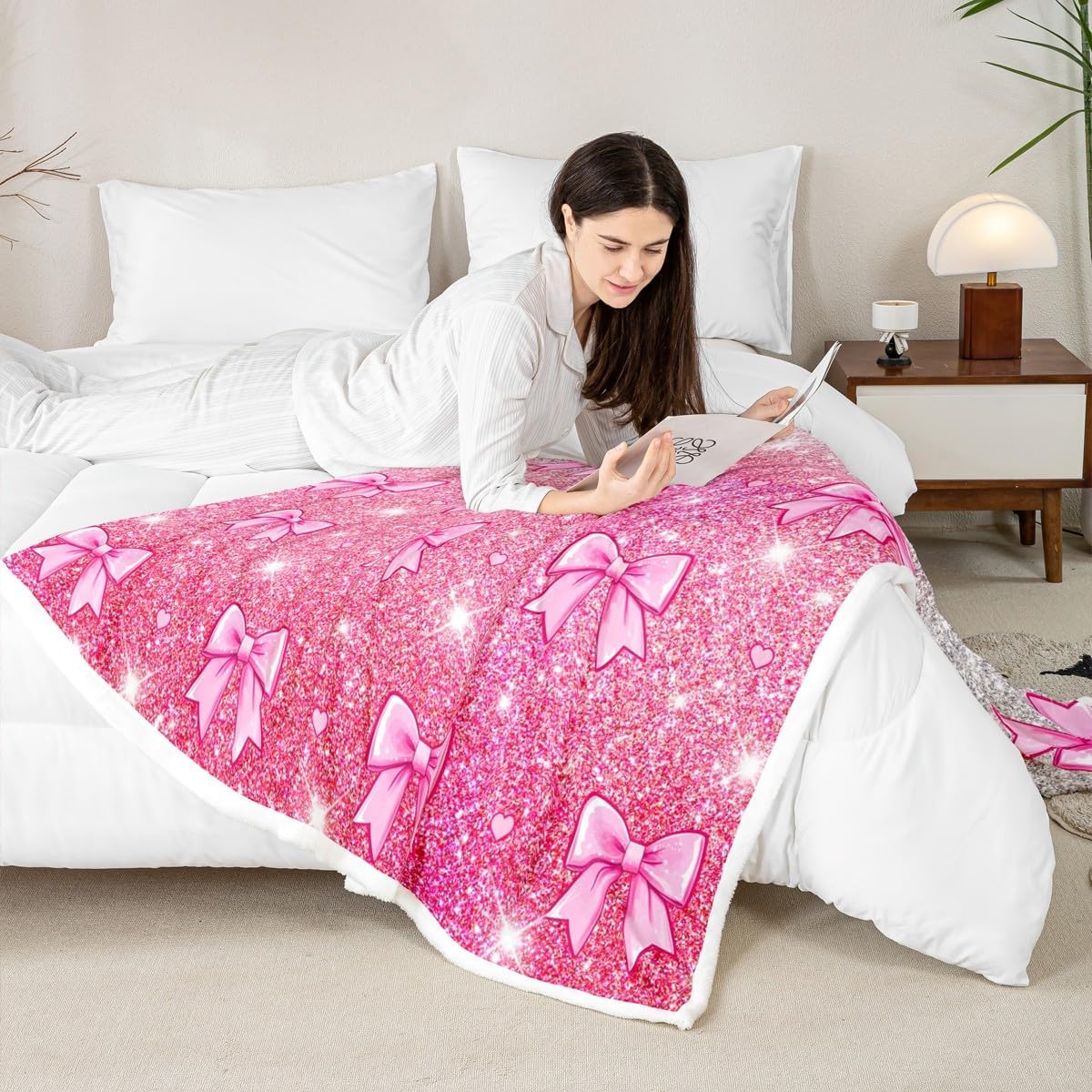 jejeloiu Cute Bowknot Sherpa Blanket Plush Fuzzy Watercolor Bow Fleece Throw Blanket Boys Girls Coquette Bows for Bed Couch Chair Living Room Dreamy Princess Bedroom Decor Pink Glitter Baby 30"x40"