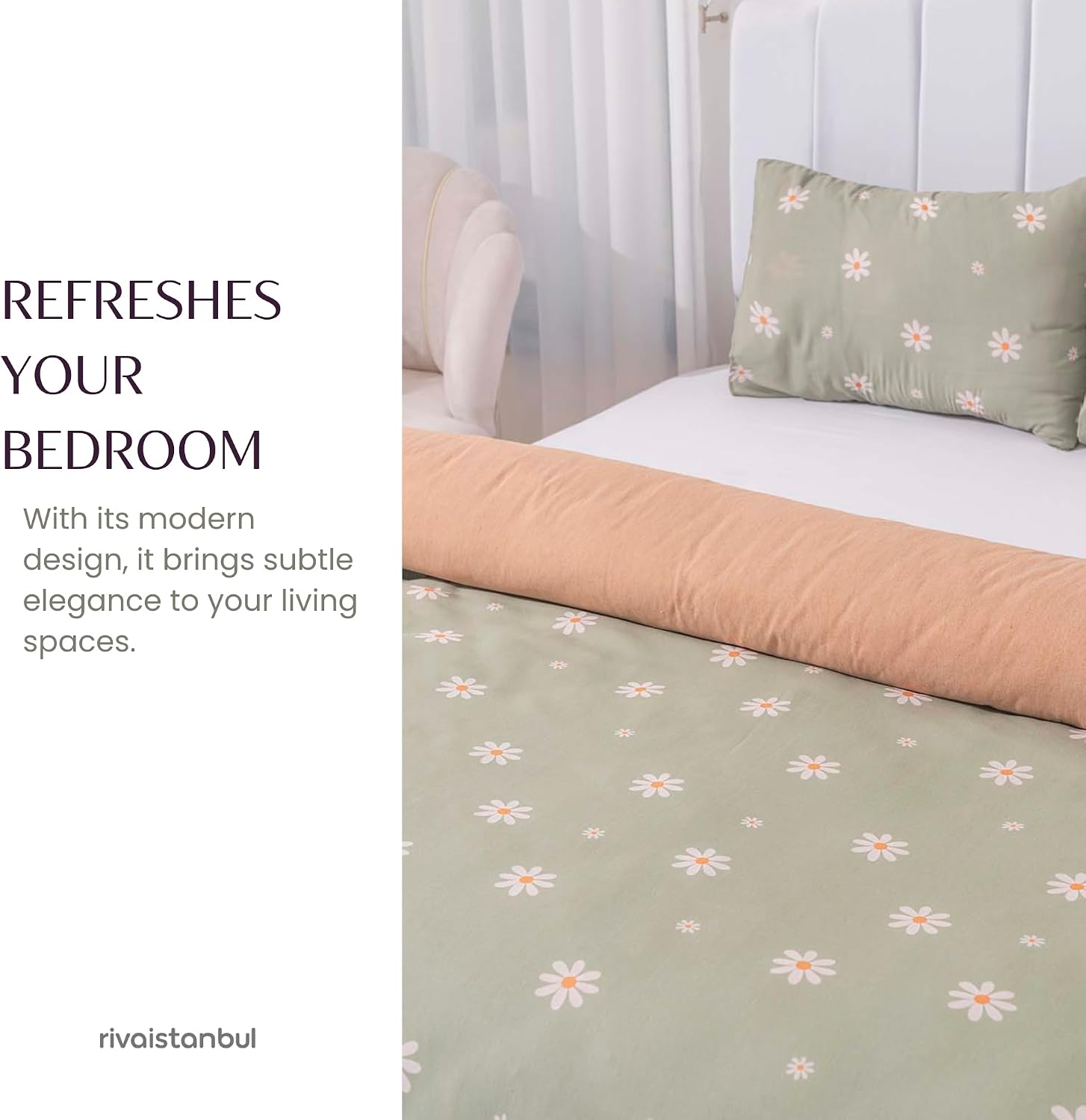 Cotton Duvet Cover Set for Full, Queen & King Beds | 3 Piece Bedding Set with Duvet Cover and Pillowcases, Soft Breathable Bed Linen for Adults & Couples (Minimal Green Daisy, 78.7 × 84.6 inch)