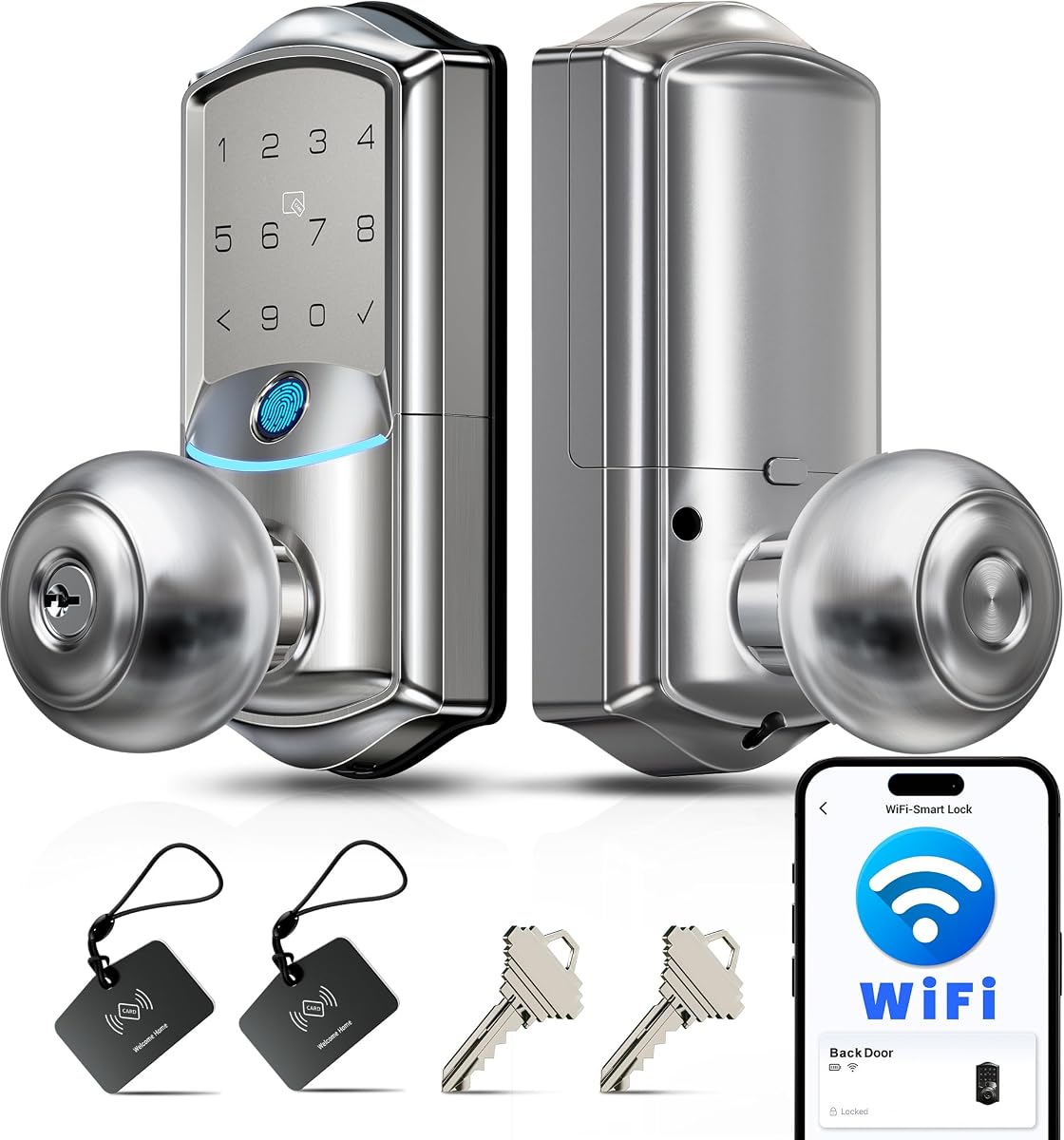 Veise VE028 WiFi Fingerprint Smart Door Lock with Knob Handle, Satin Nickel | Remote App, Voice Control, Fob Unlock, Electronic Touchscreen Keypad, Keyless Entry, Auto Lock, for Front Door, Bedroom