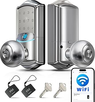 Veise VE028 Built-in Wi-Fi Smart Lock with Knob, Fingerprint Keyless Entry with Handle, App Remote & Voice Control, Electronic Digital Keypad for Front Door and Bedroom, IP65 Waterproof, Satin Nickel