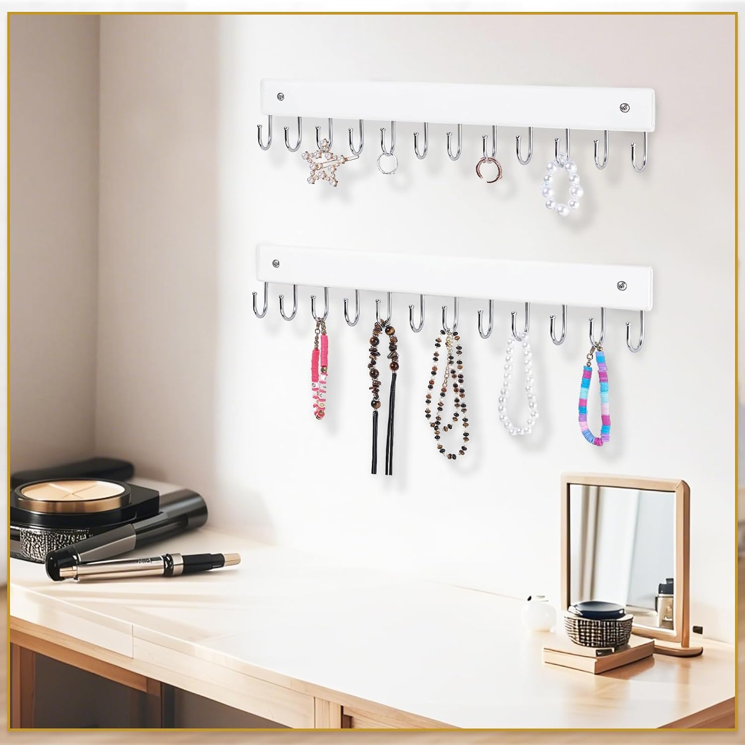 2 Pack Wall Necklace Organizer, Wooden Jewelry Holder, White, 24 Hooks