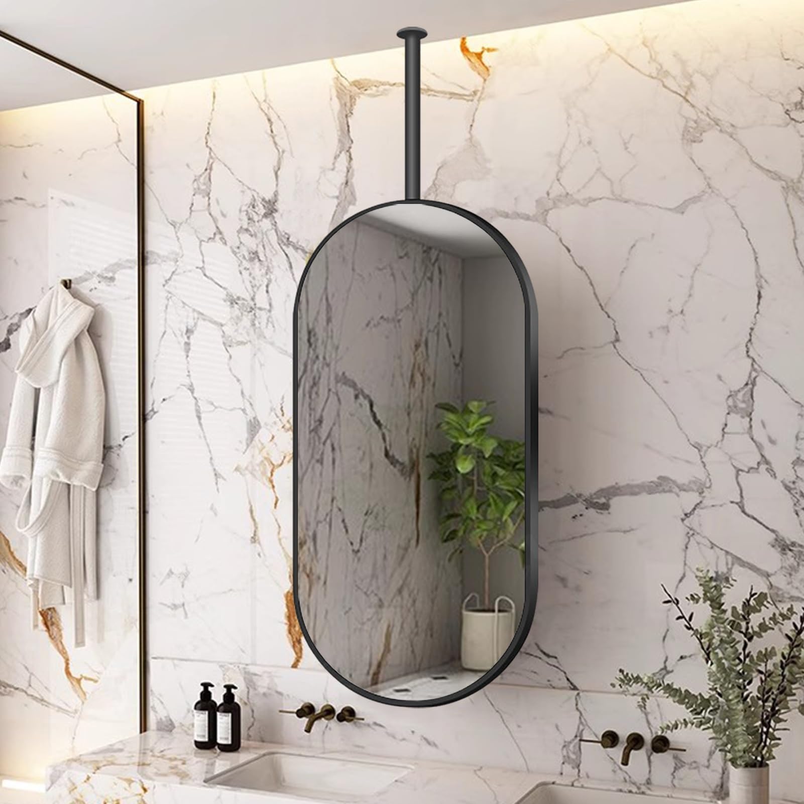 ITOSUI Wall Mounted Oval Mirror, Ceiling Mounted Mirror with Metal Frame and Hanging Rod, Vanity Makeup Mirror Modern Shaving Mirror for Creative Decorative - Boom can be Customizable(50cmx60cm)