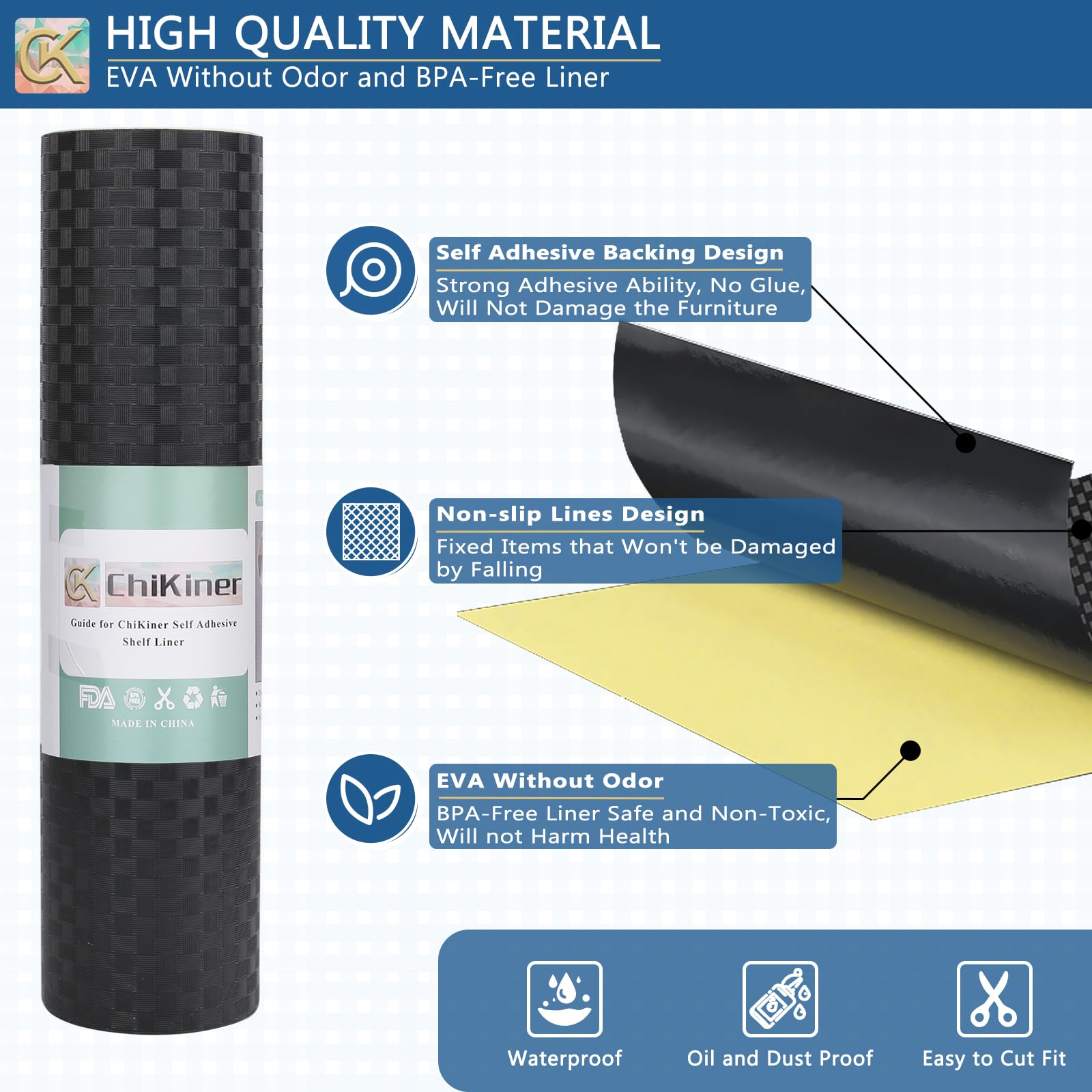 Self-Adhesive Shelf Liner Kitchen Liner, Waterproof Backed Paper Easy Peel and Stick Contact Liner Without Residue for Decor Your Desk Surface, Kitchen Countertops - Black, 17.5 x 393.7 inches