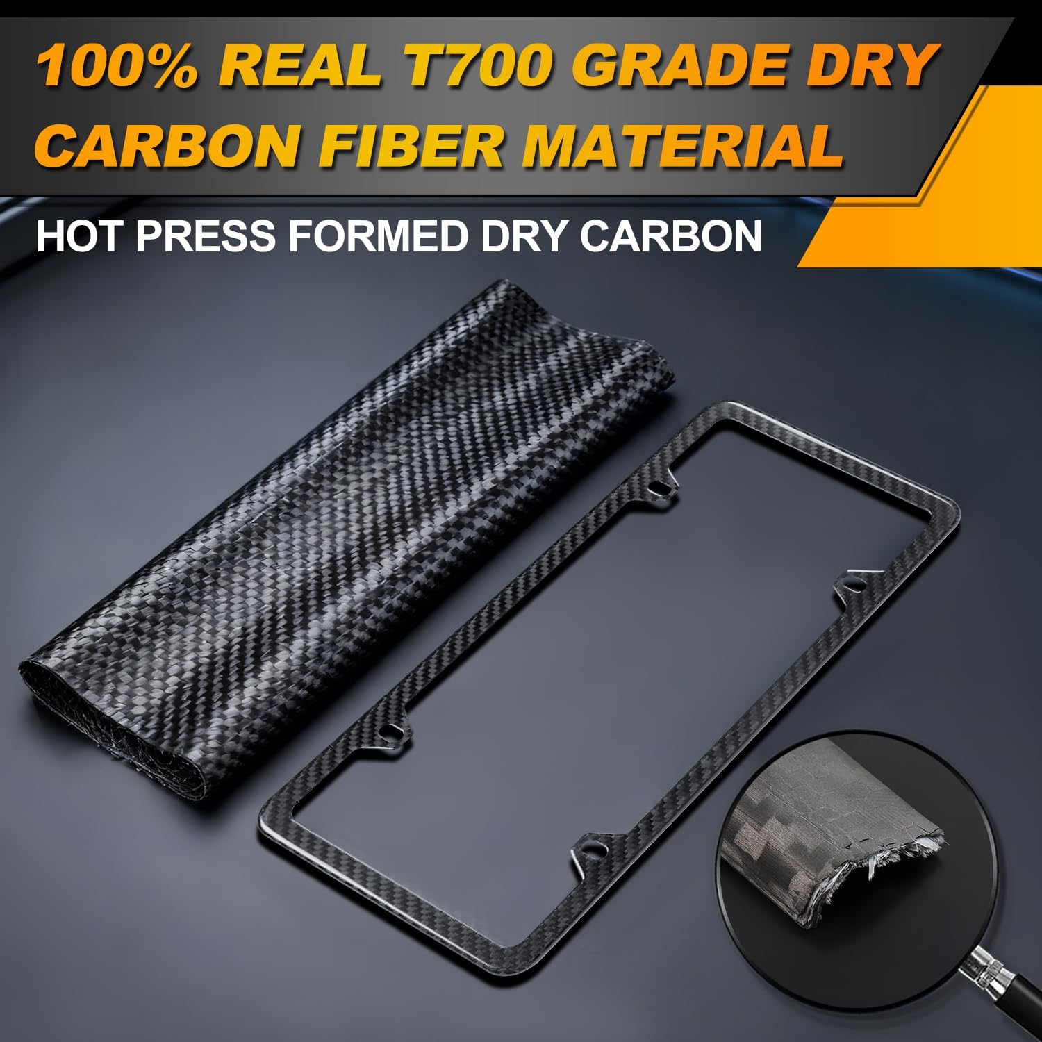 AKMAN 2 Pack Real Carbon Fiber License Plate Frame, 4 Hole Black Pure Carbon Fiber License Plate Frames Car Tag Frame Holder Fit for Man/Women