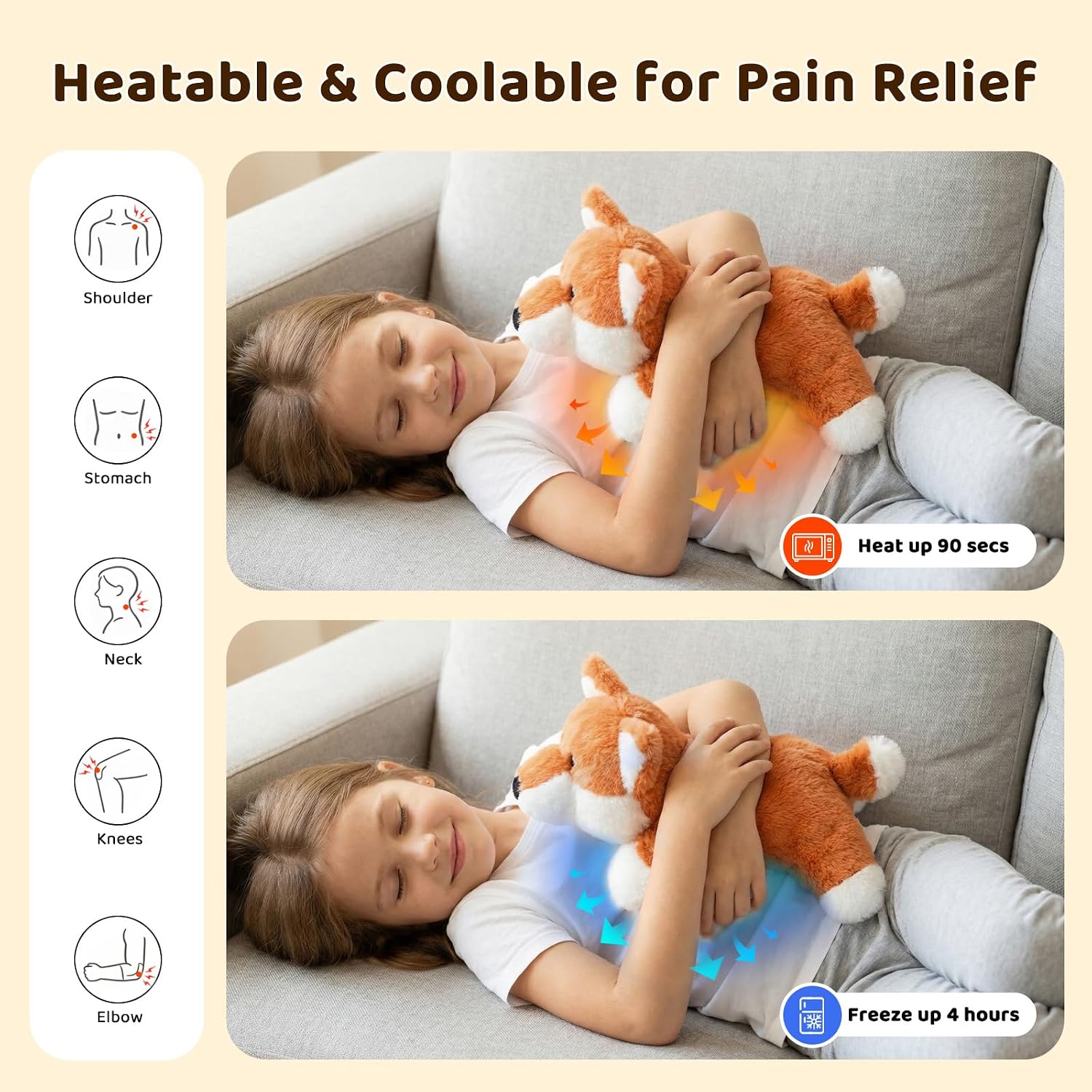 Microwavable Stuffed Animal Heating Pad for Period Cramps, Soft Unscented Stuffed Fox Plush for Neck, Shoulder, Back & Belly with Removable Cover, Cute Relaxation Gifts for Women, Adult & Kids image 3