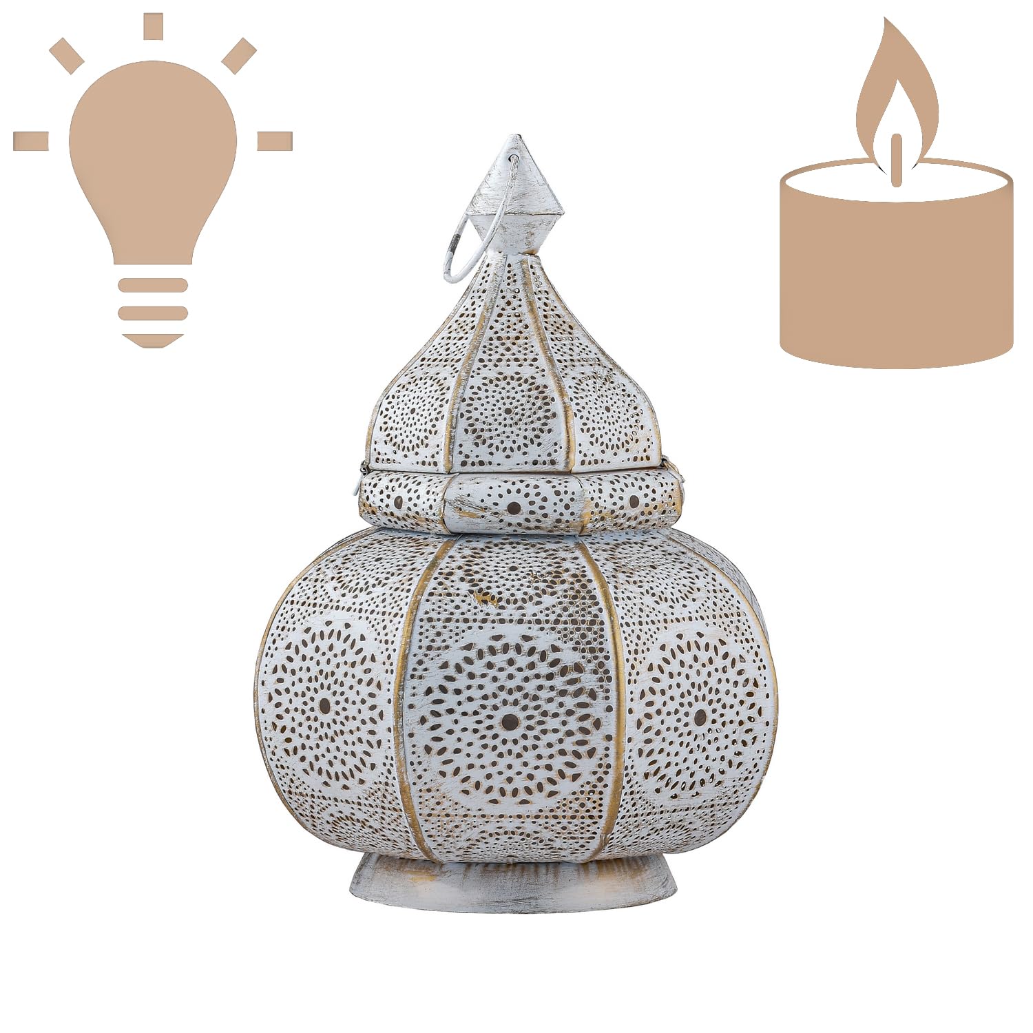 Marrakech - Lámpara de mesa y farol (metal, 30 cm), diseño oriental, color blanco
