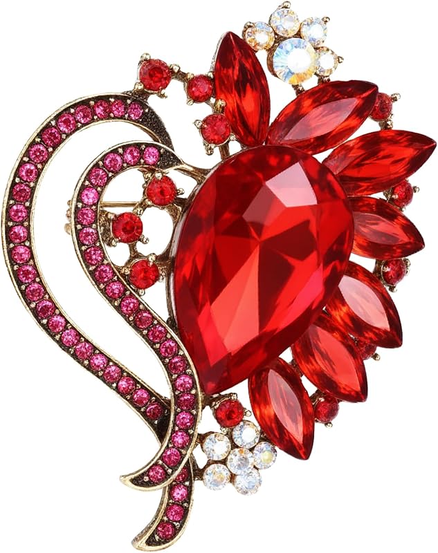 Red Brooches for Women, Elegant Red Rhinestone Brooch Sparkling Heart Brooch for Wedding Party Ceremony Valentine's Day