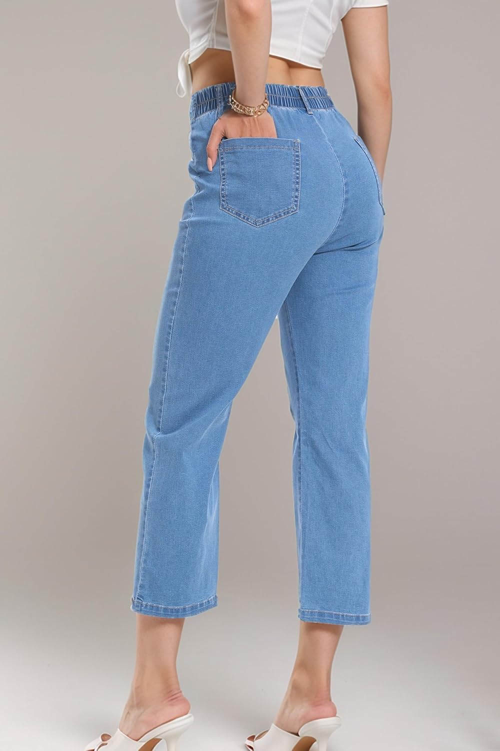 YOCUR Womens Cropped Jeans Elastic High Waist Crop Denim Flare Pants Wide Leg Button Patch Pockets Petite Capri Jeans - Image 2