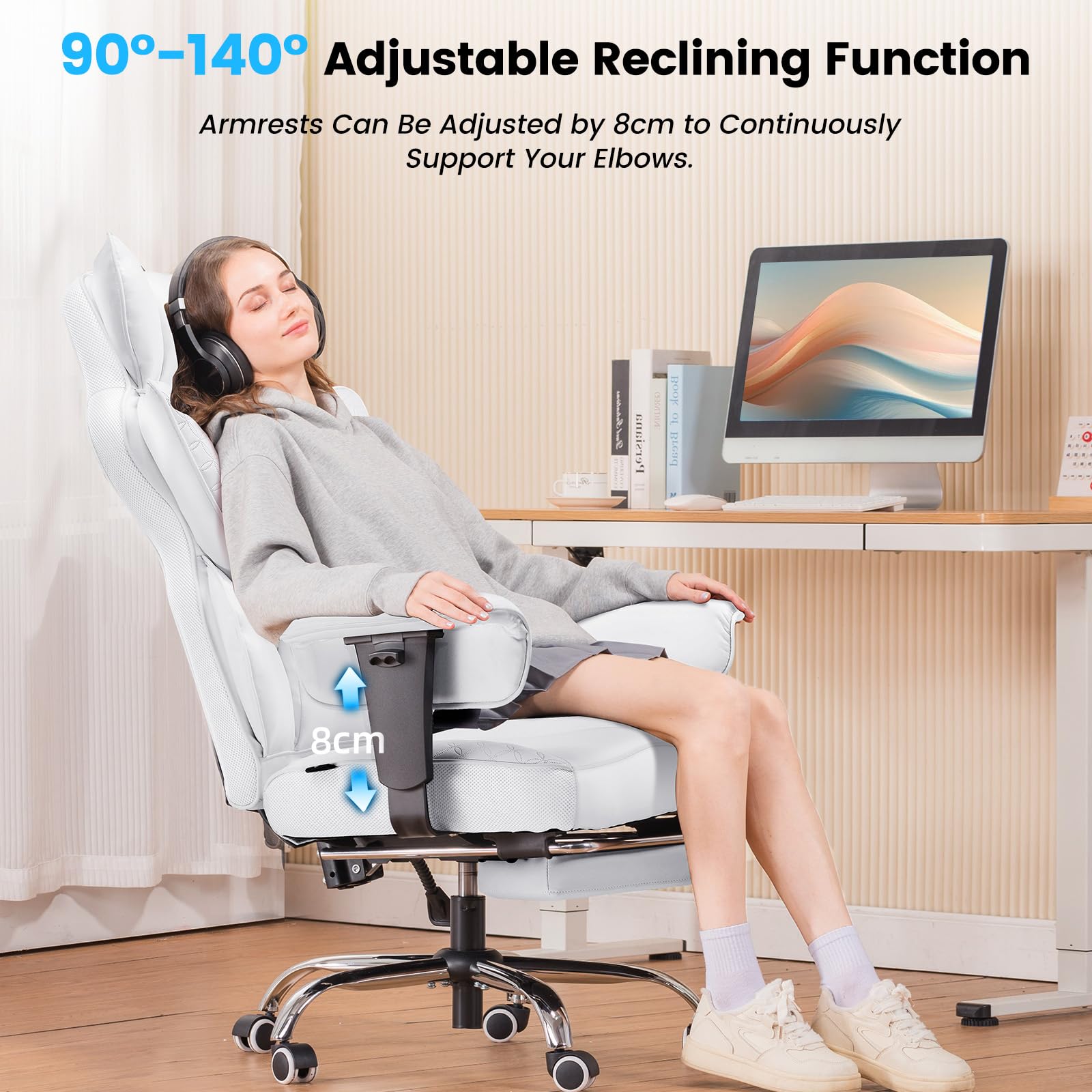 COMHOMA Silla Gaming Ergonómica, con apoyabrazos ajustables, soporte lumbar, muelles para personas altas, soporta 180 kg, asiento amplio, Blanca