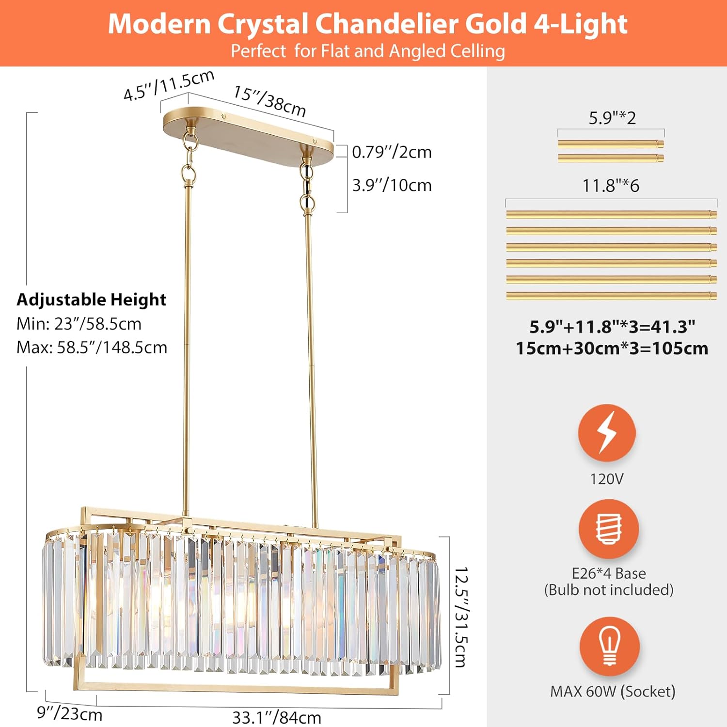 Condition photo showing New/Like New for 33" modern chandeliers for dining room, luxury rectangle gold crystal 4-light kitchen island lighting over table, linear hanging pendant light fixture for living room entryway foyer hallway 33"-gold