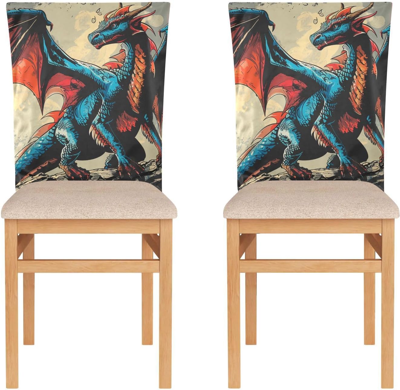ALAZA Retro Blue Red Dragon Chair Back Cover Set of 6, Washable Reusable Removable Chair Slipcovers Decorative Chair Cover for Home Kitchen Wedding Party