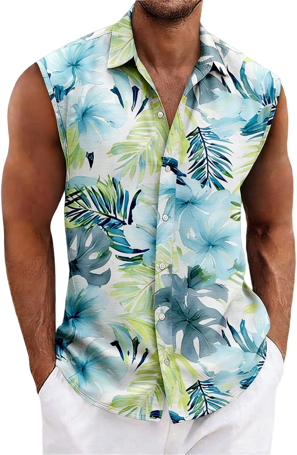 Men's Summer Hawaiian Shirts Sleeveless Floral Mens Button Down Shirt Hawaii Tropical Beach Tops Tropical Outfits