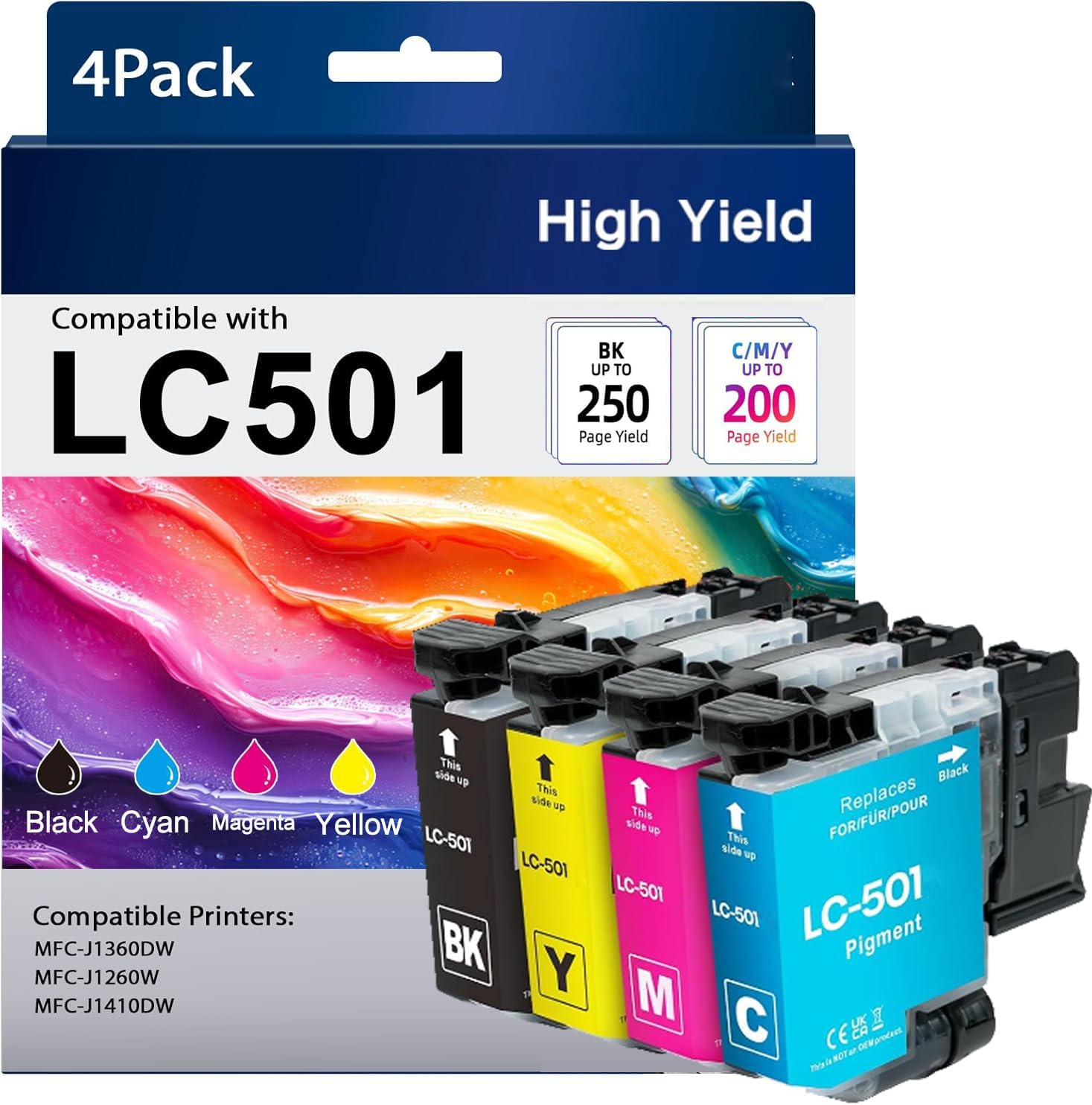 LC501 Ink Cartridges for Brother Printer Compatible for Brother LC501 Ink Cartridges Work with MFC-J1360DW MFC-J1410DW MFC-J1260W Printer (Black Cyan Magenta Yellow, 4 Pack)