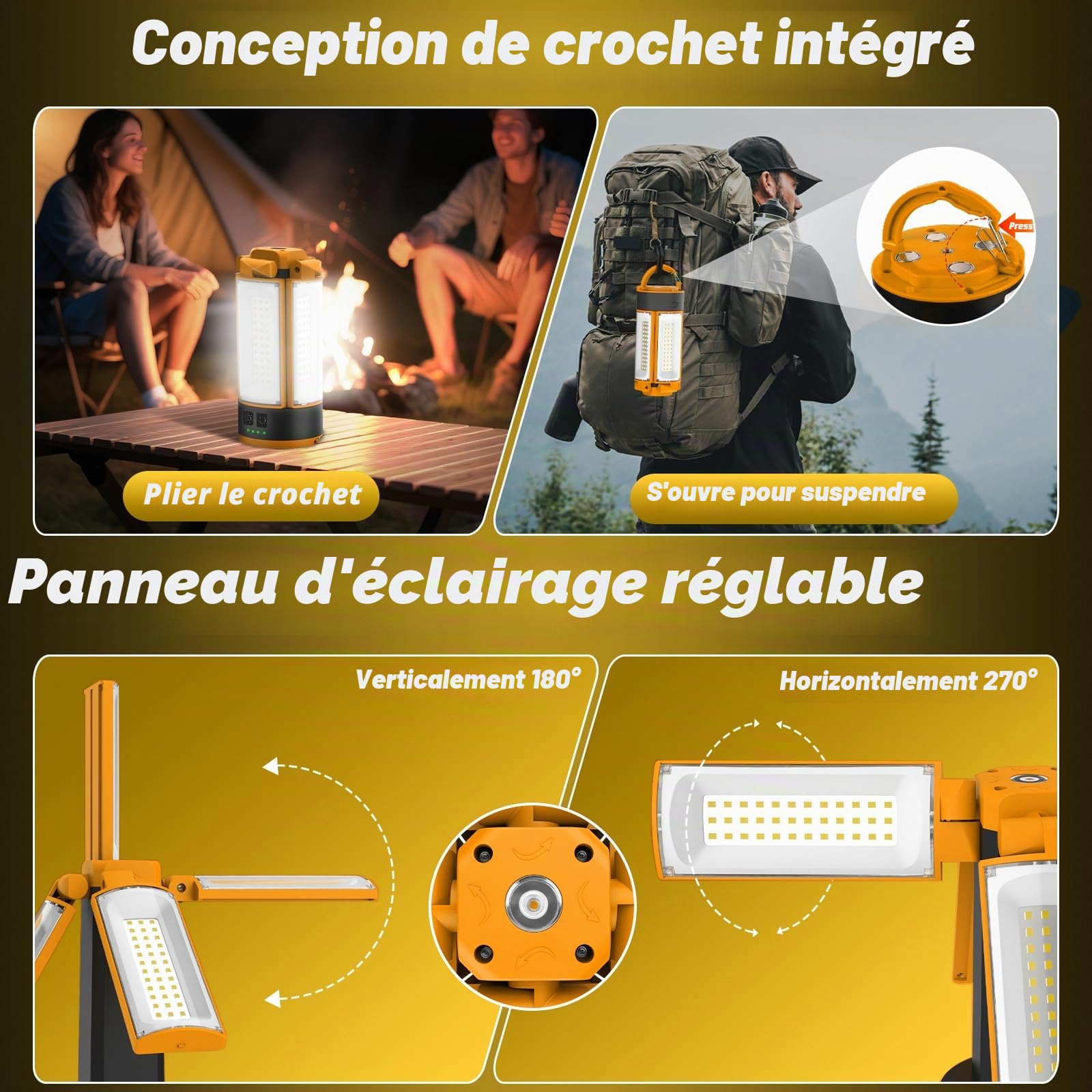 T-SUN Projecteur de Chantier LED Rechargeable avec Trépied, Multiples Modes Lampe de Travail Réglable, 10400 mAh Lampe de Camping à 4 Têtes, Projecteur sur pied Pour Chantier, Garage, Camping(Orange)
