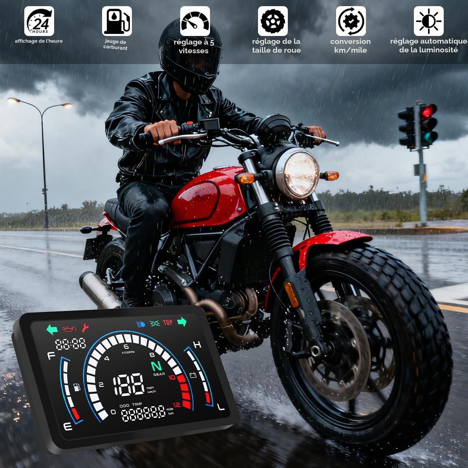 Geloo Compteur de Vitesse Kilométrique 12V Digital Moto avec Support