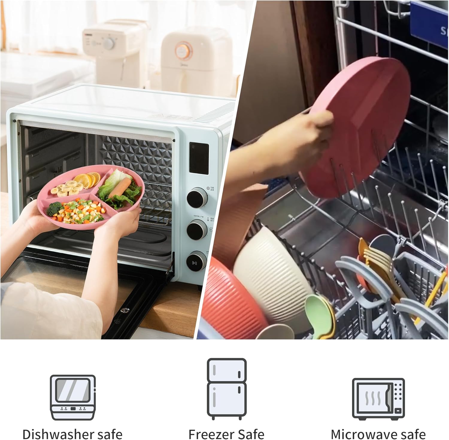 9.6Inch Multicolor Wheat Straw Divided Plates for Adults - 8PCS. Unbreakable Round Design with 3 Compartments for Portion Control. Reusable for Healthy Eating. Microwave and Dishwasher Friendly. - Image 3