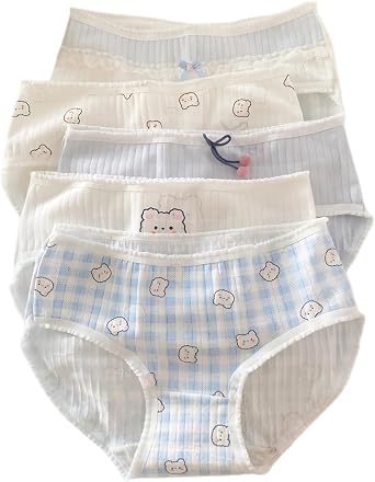 Cute Cartoon Bear Panties for Teen Girls, 5 Pack Cotton Underwear, Korean Ruffled Mid Rise Bikini Briefs