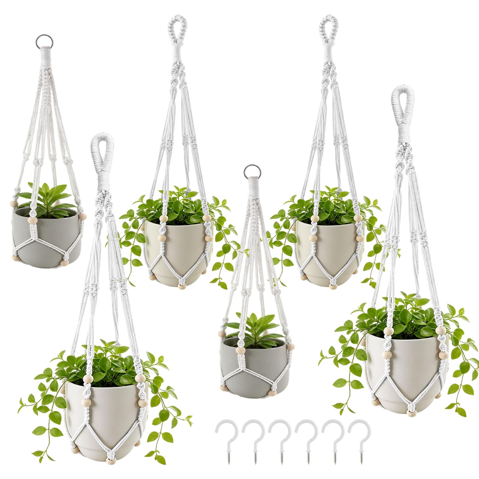 APACALI 6 Pack Macrame Plant Hanger, 58cm & 73cm & 88cm Hanging Plant Holder, Plant Hanger Indoor with Wood Beads for Home Garden Balcony Ceiling Decor, White