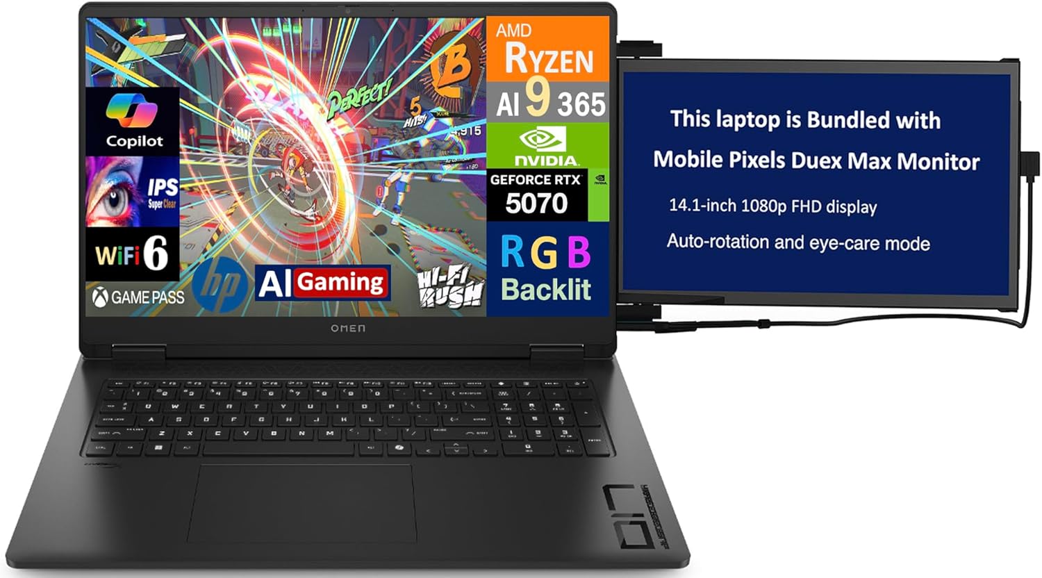 HP OMEN AI Gaming Laptop 17.3″ 240Hz IPS QHD Display (AMD Ryzen AI 9 365, GeForce RTX 5070 8GB, 32GB DDR5, 8TB PCIe SSD, RGB KB, WiFi 6, Webcam, Bluetooth 5.4, Win 11 Pro) w/Duex Max DS Monitor