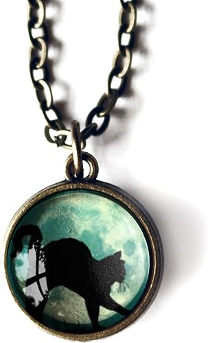 Black Cat On Blue Moon Simple Reversible Glass Cabochon Halloween Pendant Necklace With 18" Chain