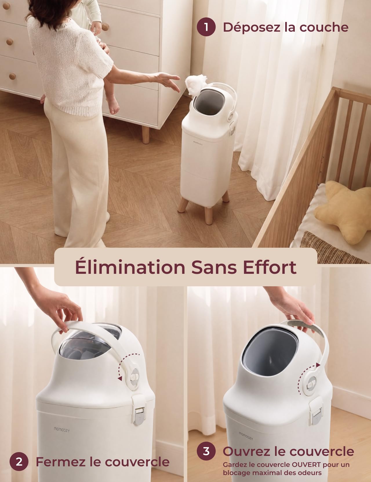 Momcozy Poubelle à Couches avec Contrôle des Odeurs Breveté à Triple Joint, Grande Capacité