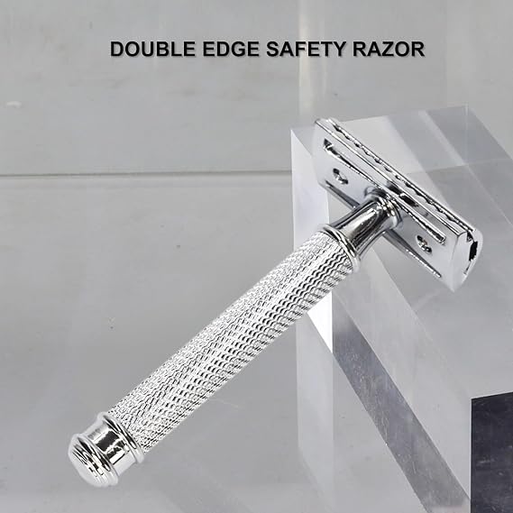 Double Edge Safety Razor Set With 20 Blades, Stand, Heavy Duty Kit for Men's Everyday Use and Smooth Close Shave (Silvery)