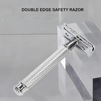 Double Edge Safety Razor Set With 20 Blades, Stand, Heavy Duty Kit for Men's Everyday Use and Smooth Close Shave (Silvery)