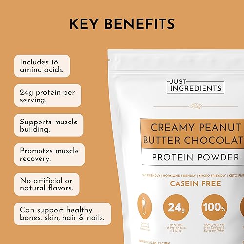 Miniatura 8 de JUST INGREDIENTS - Proteína en polvo cremosa de mantequilla de cacahuete y chocolate  30 porciones  Mezcla con suero de leche alimentado con pasto,