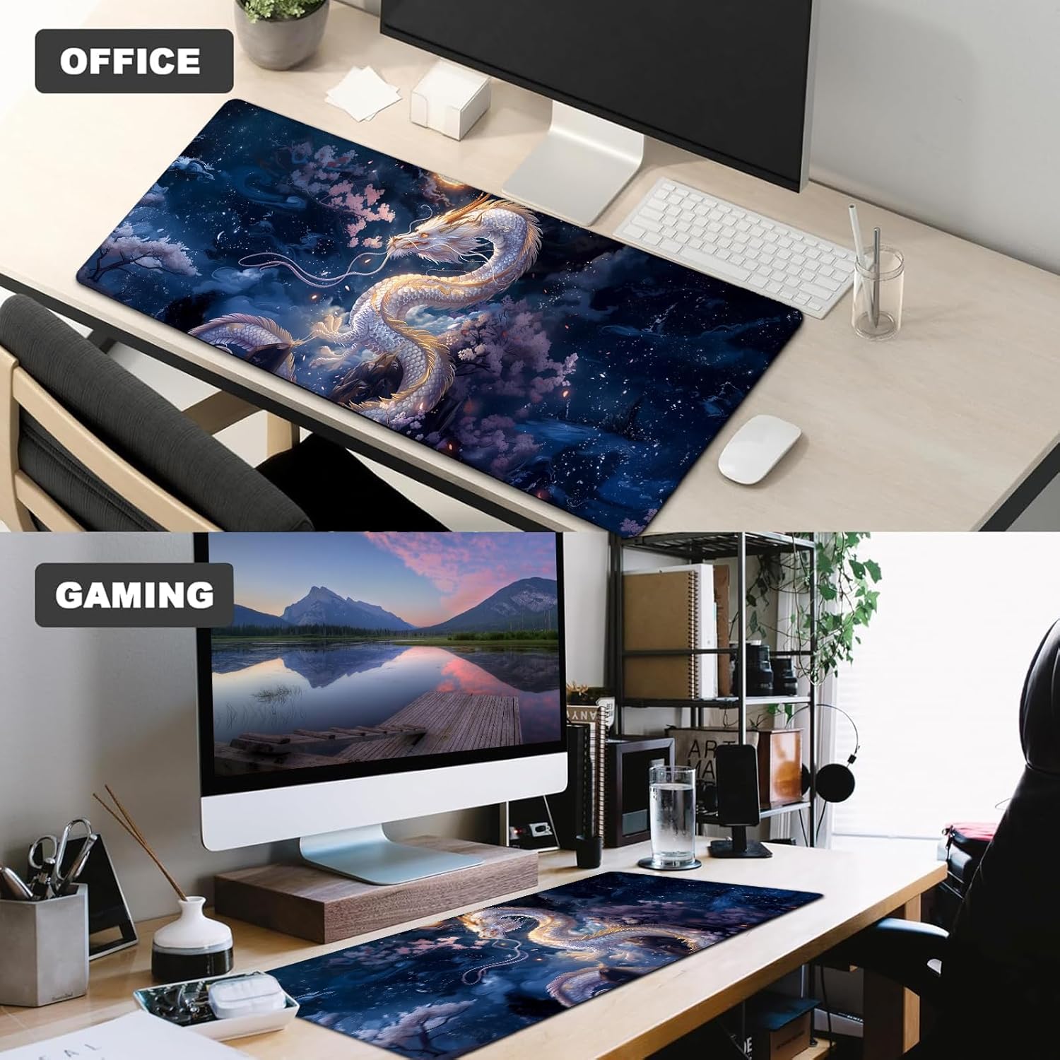 Cool White Dragon Gaming Mouse Pad,12x31.5in Non-Slip Rubber Cherry Blossom Desk Mat,Large Extended Mystical Moon Mousepad for Office Home Laptop,Mice Pads Gifts,Game Lover Deskmat Decor - Image 3