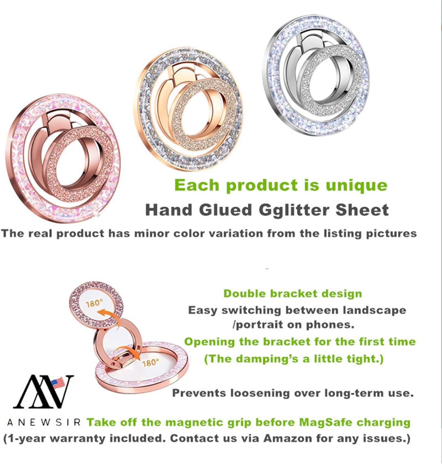 ANEWSIR for MagSafe Phone Grip Magnetic Phone Ring, for iPhone 12-17 Series, Stylish Glitter Silver Series (Glitter Rose Gold) thumbnail