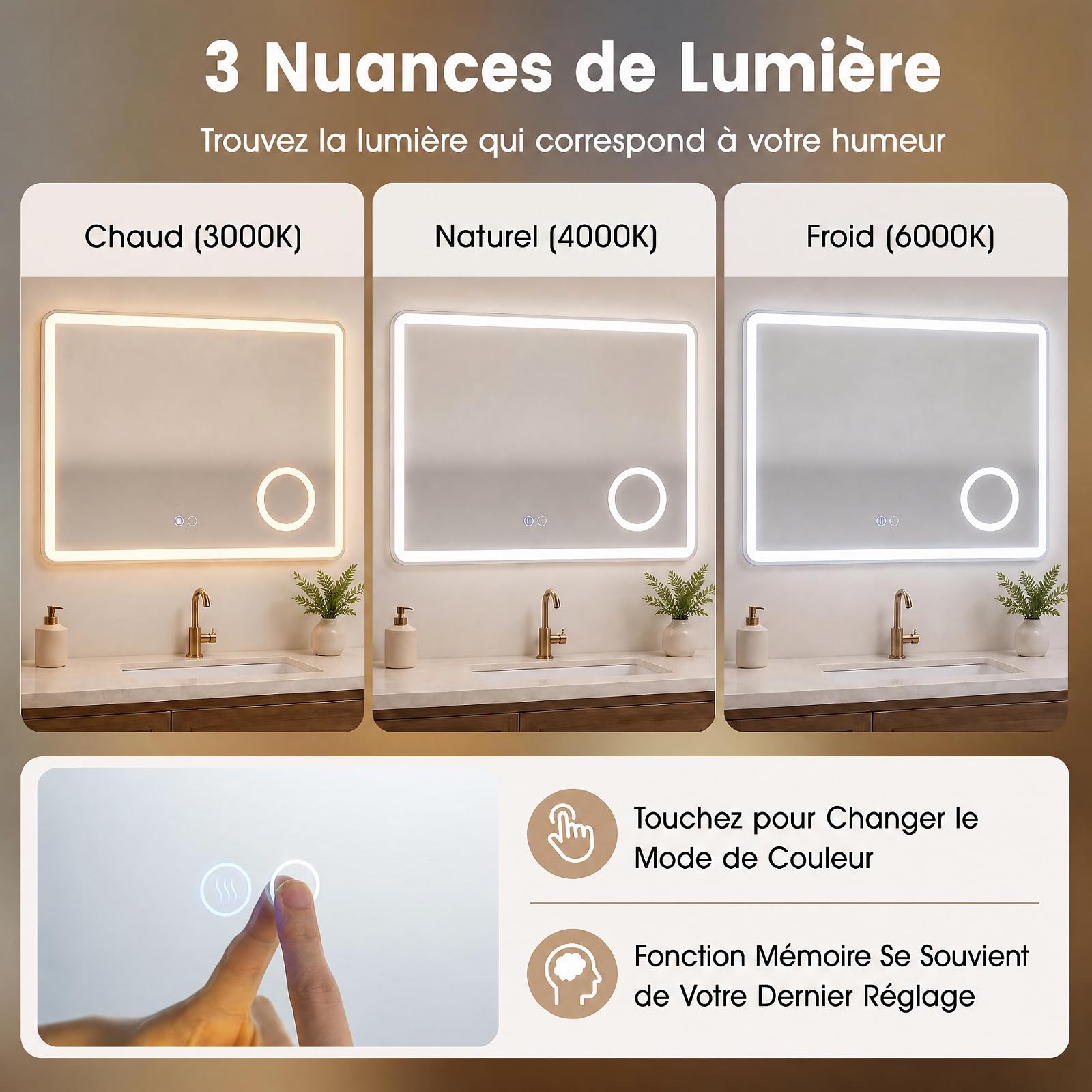 COSTWAY Miroir Salle de Bain avec Eclairage 80 x 60 cm, Grossissant 3X