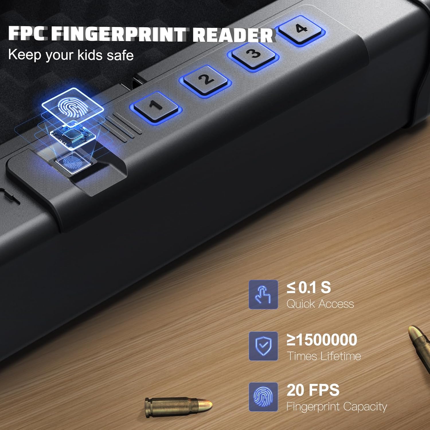 Close-up image of the Kavey gun safe's FPC fingerprint reader and keypad, highlighting quick access time (0.1s), lifetime uses, and fingerprint capacity (20 FPS).