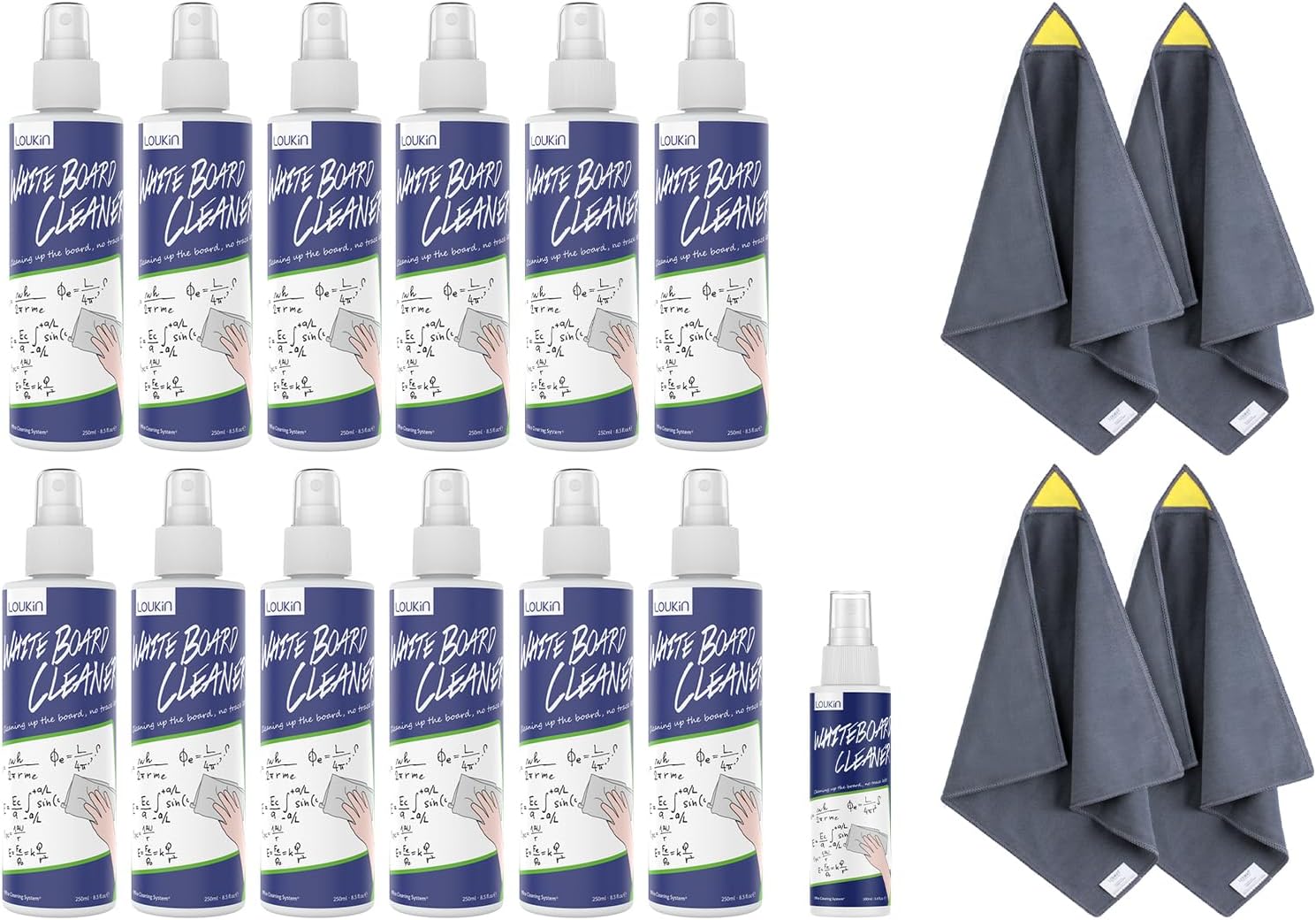 loukin Whiteboard Cleaning Bundle | Non-toxic Whiteboard Cleaner (8.5 fl oz) 12 Pack & Magnetic Whiteboard Cleaning Cloth 4 Pack & Non-toxic Whiteboard Cleaner (3.4 fl oz)