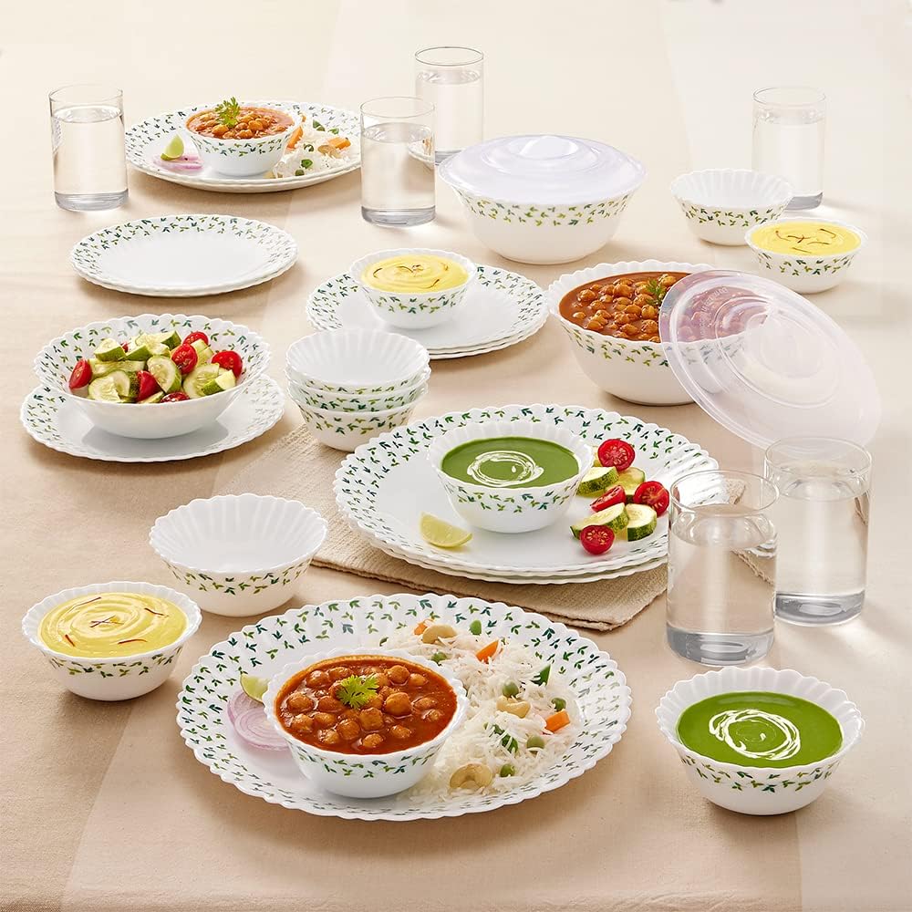 Sage Silk Series Opalware Dinner Set with Glasses,35 Pieces for Family of 6,Microwave & Dishwasher Safe,Bone-Ash Free,Crockery Set for Dining & Gifting, Plates & Bowls, White,Floral