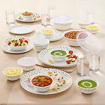 Sage Silk Series Opalware Dinner Set with Glasses,35 Pieces for Family of 6,Microwave & Dishwasher Safe,Bone-Ash Free,Crockery Set for Dining & Gifting, Plates & Bowls, White,Floral