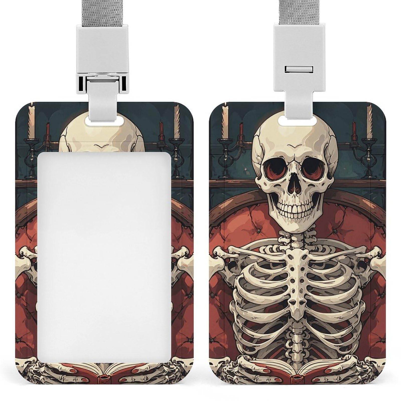 ID Card Holders for Lanyard,Skeleton Reading Printed Badge Holder with Clear Window,Plastic Vertical Bus Pass Holders for Work Teacher Nurse Employees Proximity Key Cards Women Men
