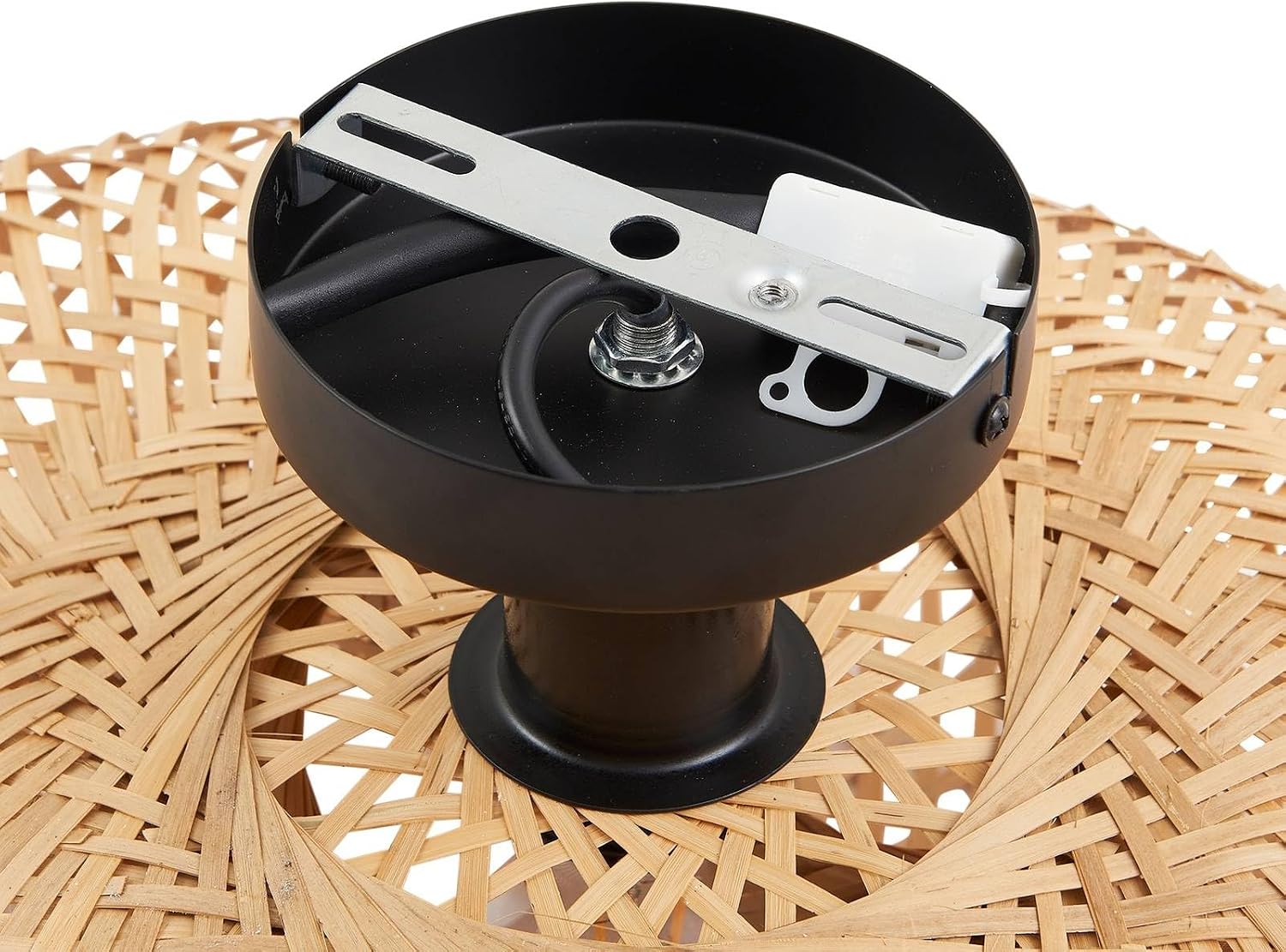 Close-up of the ceiling mount base with internal wiring and mounting bracket