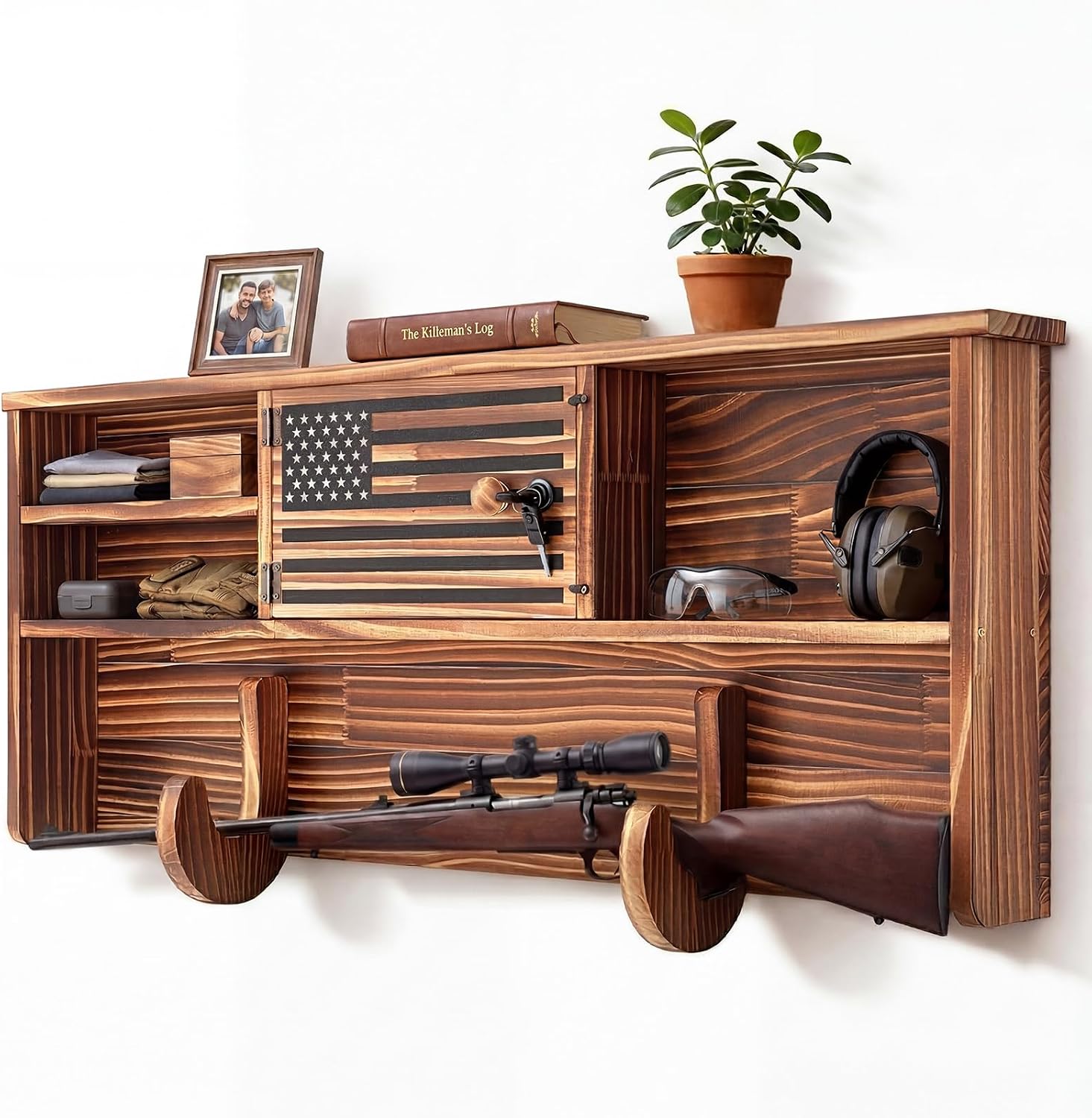 Leinuosen Wood Wall Mount Hunting Gear Rack with Lock, Horizontal Display USA Flag Hunting Accessories Holder, for Wall Hanging Shotgun Gun, Secure Storage Hanger