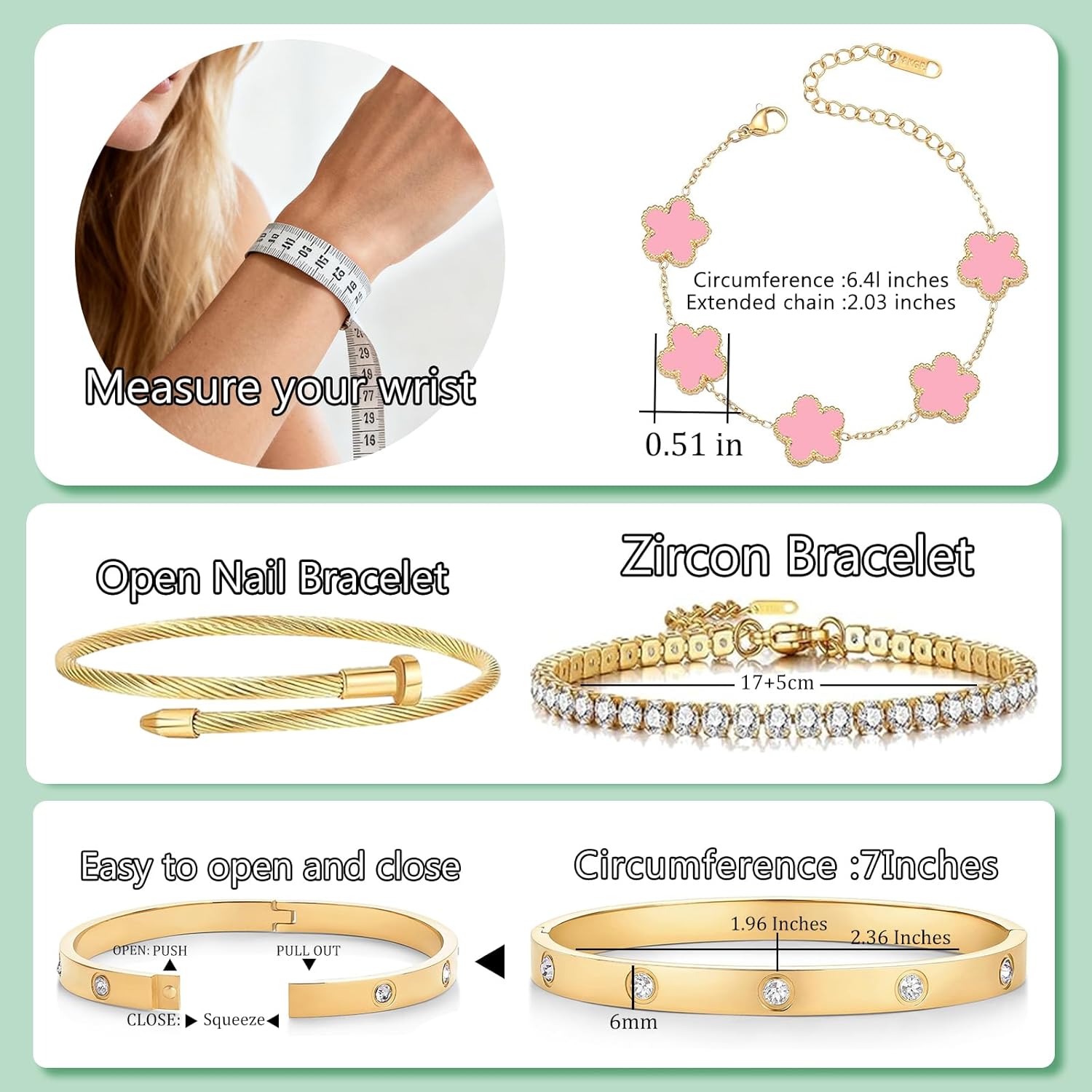 Gold Bracelets for Women, 18K Gold Plated Women Tennis Bracelets Clover Nail Love Bangle Bracelet Set, Gold Bracelet Stackable Set Trendy Jewelry, Gifts for Women's Day and Mother's Day - Image 5
