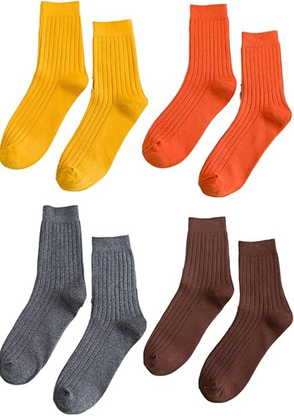 Amazon Co Jp Efofei ソックス メンズ レディースカジュアル 秋冬 靴下 綿 100 厚手 履き口ゆったり 学生 防臭 女性 男性 通勤 通学 無地 スポーツ 4足セット イエロー オレンジ グレー ブラウン ファッション