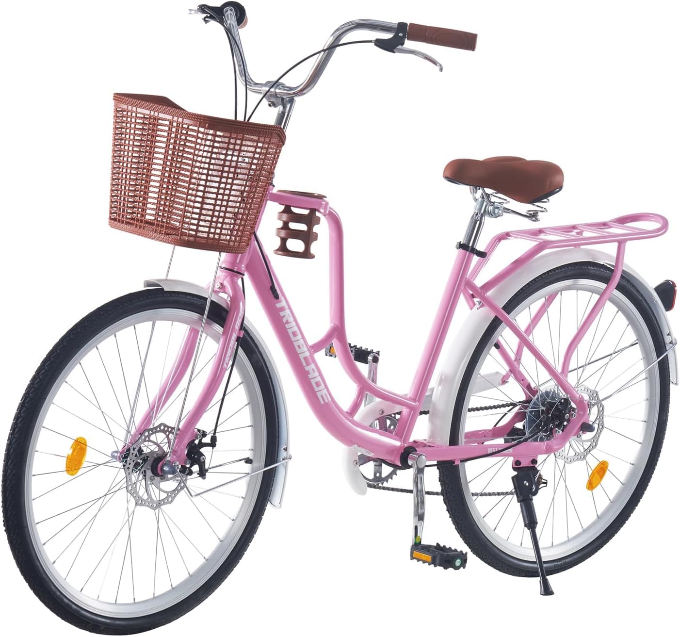 BSTSEL 24/26 Inch Wheels Vintage bike for Girl City Classic Bicycle, Retro Bicycle With 7 Speed Gears, Dual Disc Brakes, Rack And Front Basket Formal Road Bike for Woman Commute (24in pink)