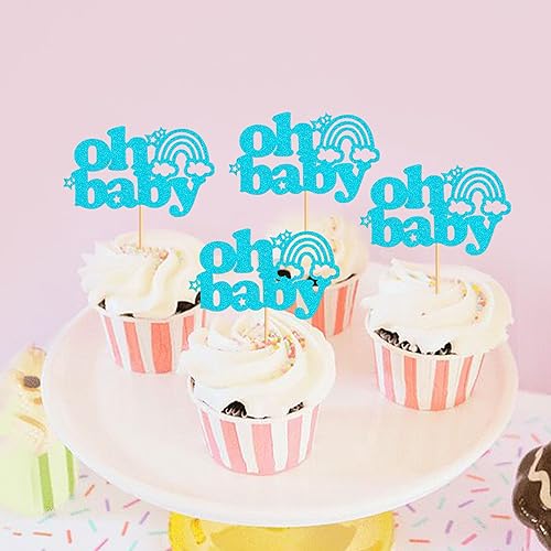 Miniatura 4 de Ercadio Paquete de 24 adornos bohemios para cupcakes con diseño de arco iris Oh Baby para cupcakes, color azul, boho, arco iris, Oh Baby para tartas