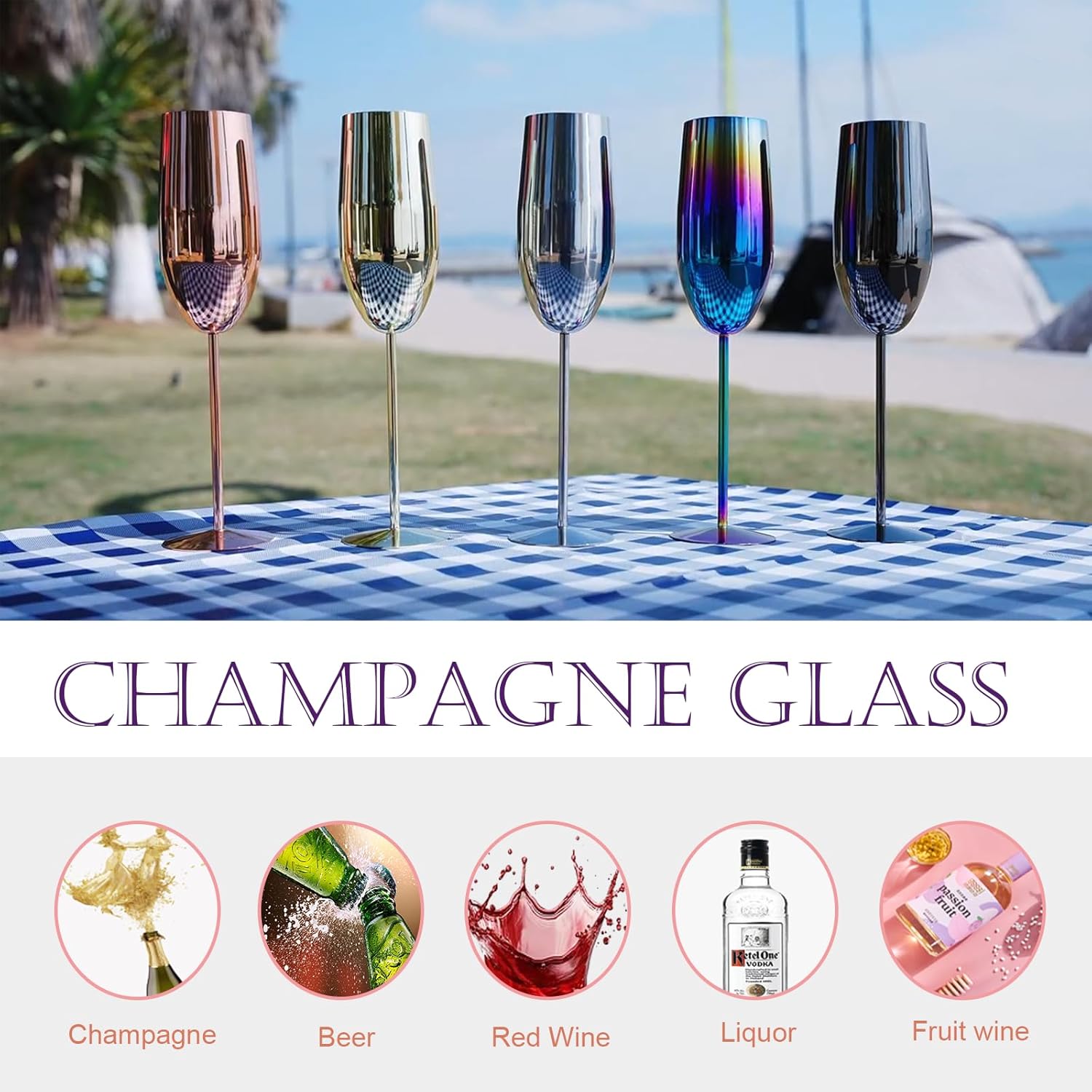 Stainless Steel Champagne Flutes Set of 4-Wedding &Birthday Gifts,8.5 Oz Unbreakable Champagne Glass with Long Stem,Reusable Indoor Outdoor Drinkware (Colorful) - Image 4