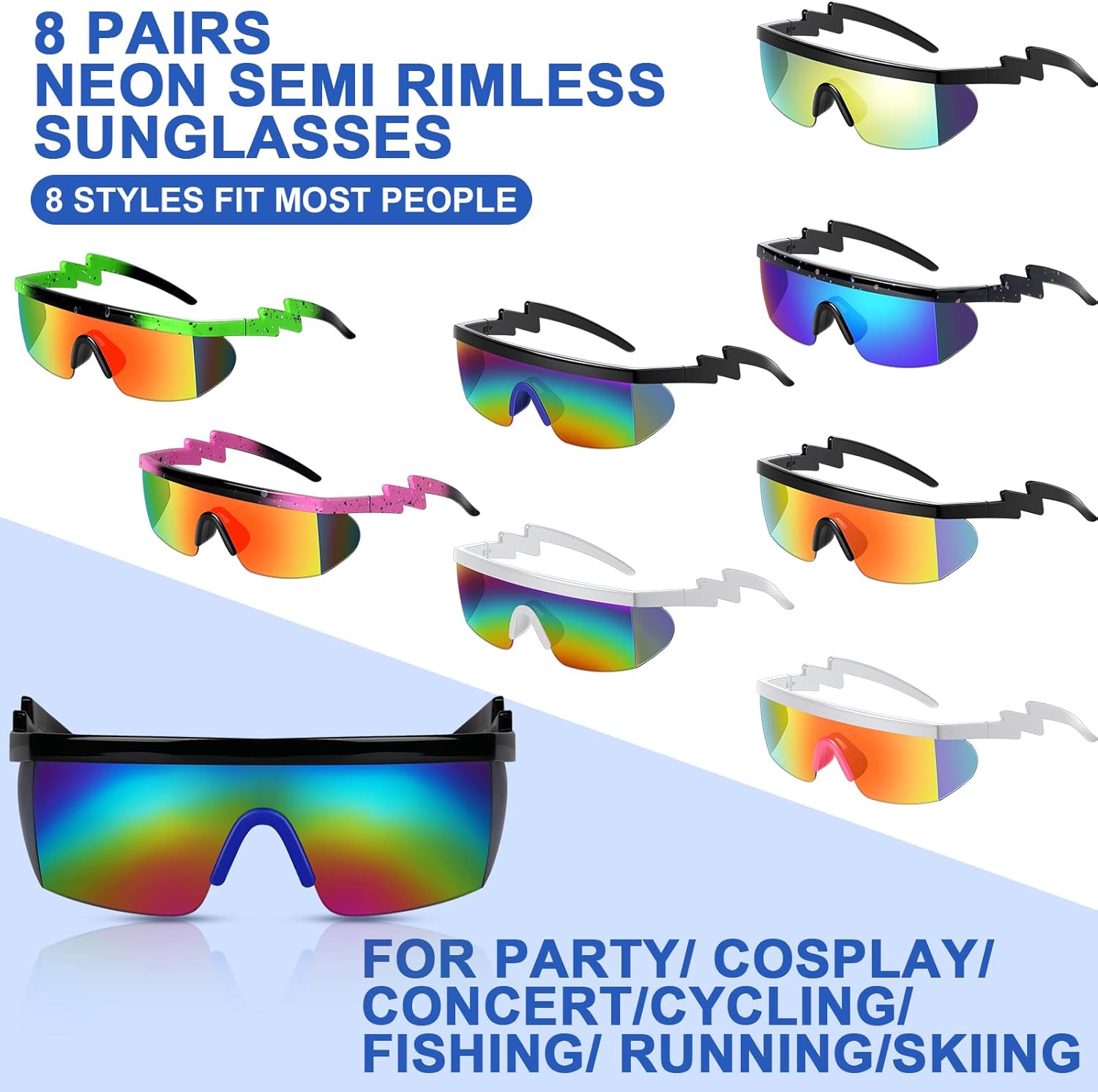 Maitys 8 Pairs Retro Semi Rimless Sunglasses 80s 90s Zigzag Sunglasses Colored Neon Transparent Lens Glasses for Men Women - Image 2
