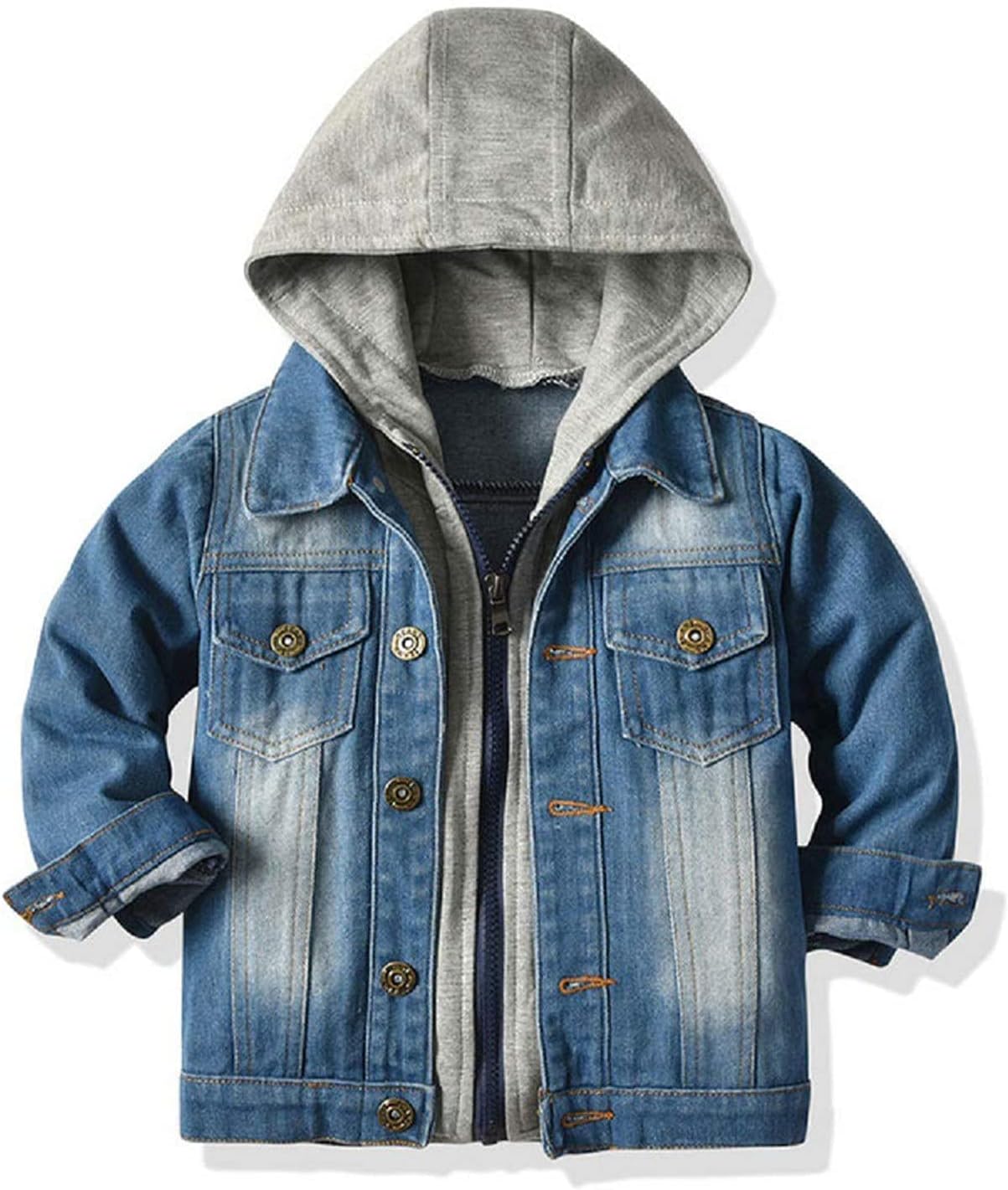 Little Boys Girls Cardigan Hooded Lapel Zipper Pocket Baby Denim Coat Jackets Outerwear